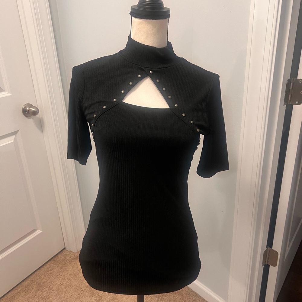 INC International Concepts Black Ribbed Studded Cutout Top NWOT
